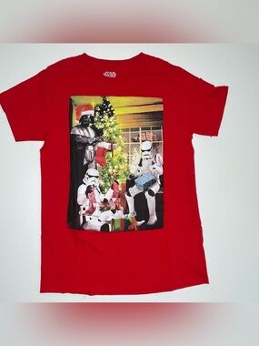 Star Wars Darth Vader & Storm Troopers Christmas Holiday Tee Red 100% Cotton SM